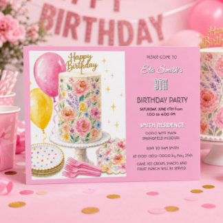 Invitation Gâteau d'anniversaire rose girly Fête pour enfants