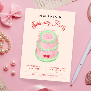 Invitation Gâteau d'anniversaire rose pastel