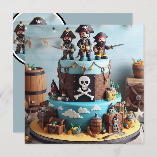 INVITATION GÂTEAU D'ANNIVERSAIRE THÉMATIQUE TROIS PIRATES AMU (Devant / Derrière)