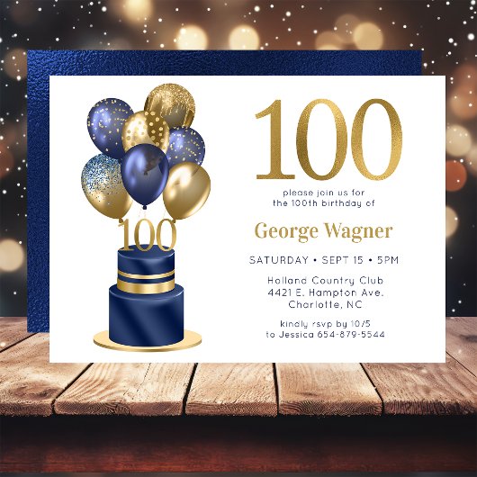 Invitation Gâteau de ballons bleu marine pour 100e anniversai