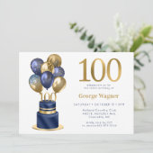 Invitation Gâteau de ballons bleu marine pour 100e anniversai (Debout devant)
