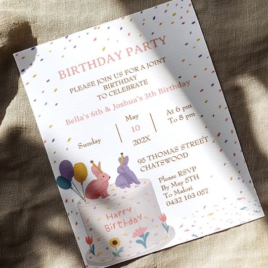 Invitation Gâteau de lapin mignon pour l'anniversaire commun