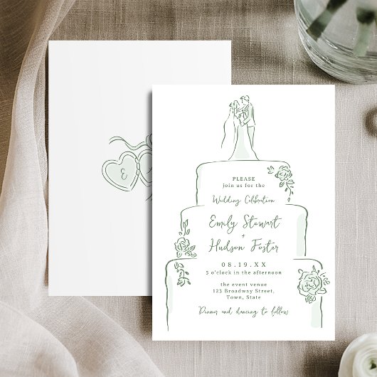 Invitation Gâteau de mariage dessiné à la main sage fantaisis