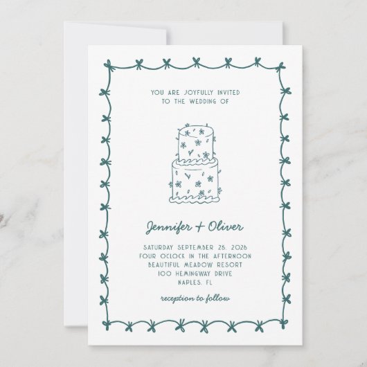 Invitation Gâteau de Mariage Dessiné à la Main Teal Fantaisis (Devant)