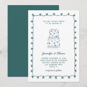 Invitation Gâteau de Mariage Dessiné à la Main Teal Fantaisis (Devant / Derrière)