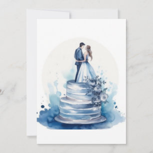 Invitation Gâteau de Mariage Élégant à Fleurs Bleues à l'Aqua
