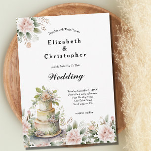 Invitation Gâteau de Mariage Floral de Teinte Rose et Feuilla