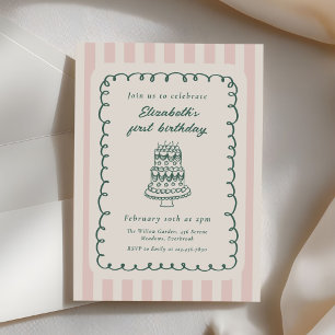 Invitation Gâteau Dessiné à la Main Drôle Unique 1er Annivers