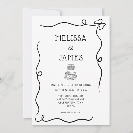 Invitation Gâteau Dessiné à la Main Mariage Fantaisiste (Devant)