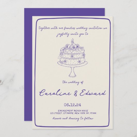Invitation Gâteau Dessiné à la Main Moderne Mariage rétro boh (Devant / Derrière)