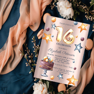 Invitation Gâteau d'étoiles ballons rose gold Sweet 16