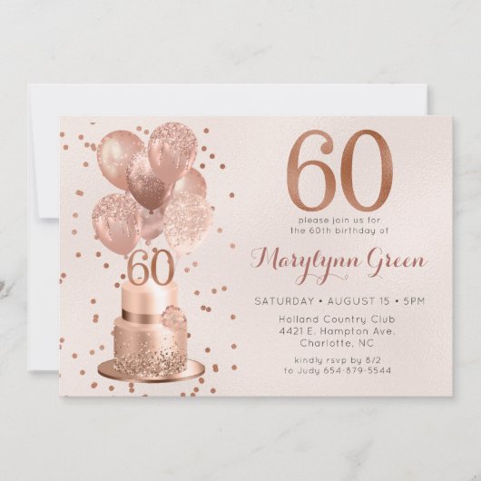 Invitation Gâteau d'or rose 60e anniversaire (Devant)