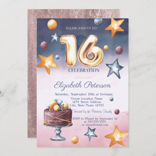 Invitation Gâteau élégant aux étoiles à l'aquarelle Sweet 16 (Devant / Derrière)
