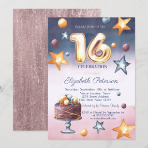Invitation Gâteau élégant aux étoiles à l'aquarelle Sweet 16