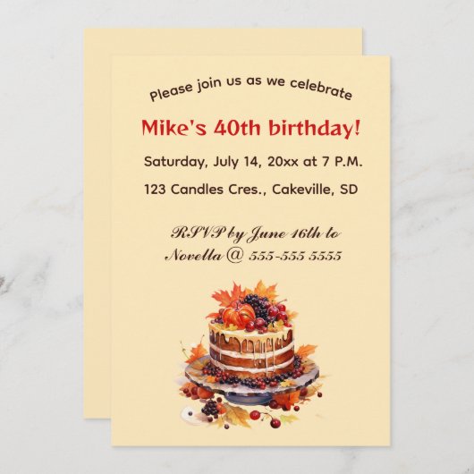 Invitation Gâteau et baies modifiables Anniversaire (Devant / Derrière)