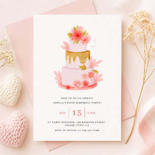 Invitation Gâteau Fleur Rose Douce Fille Bébé Anniversaire