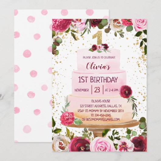 Invitation Gâteau Floral Or & Rose 1er anniversaire Invitatio (Devant / Derrière)