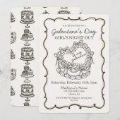 Invitation Gâteau Galentine Coquette Rétro Cœur Beige Bow (Devant / Derrière)