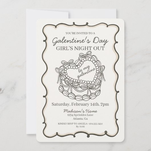 Invitation Gâteau Galentine Coquette Rétro Cœur Beige Bow (Devant)