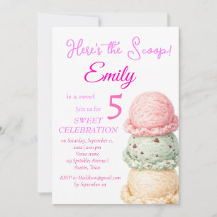 Invitation Gâteau Glacé 5e Anniversaire Fille Rose Aquarelle