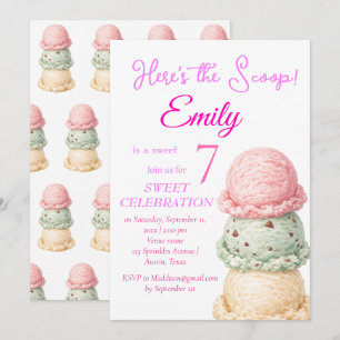 Invitation Gâteau Glacé 7e Anniversaire Fille Rose Aquarelle