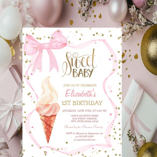 Invitation Gâteau Glace Diamants Rose Arc Ruban Anniversaire 