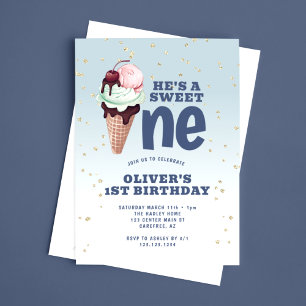 Invitation Gâteau Glacé Douce Première Bleu 1er Anniversaire