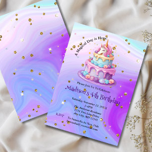 Invitation Gâteau Licorne Étincelle Bleu Violet 4ème Annivers