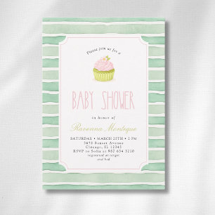 Invitation Gâteau Mariage Cupcake Matcha Antique Rayé Baby Sh