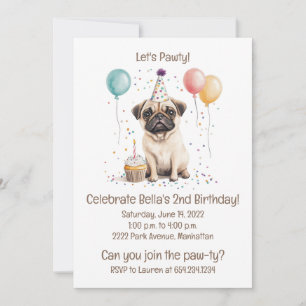 Invitation Gâteau pour l'anniversaire des chiens Pug Let's Pa