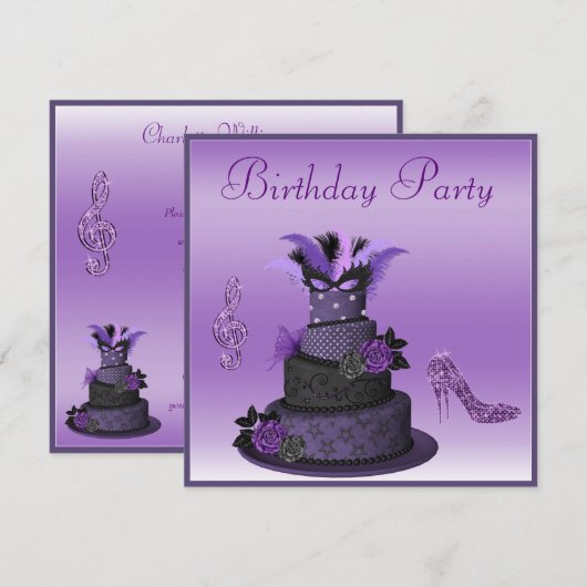 Invitation Gâteau pourpre de diva, anniversaire de talons (Devant / Derrière)