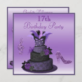 Invitation Gâteau pourpre de diva, anniversaire de talons (Devant / Derrière)