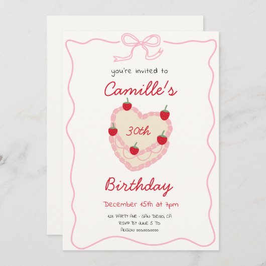 Invitation Gâteau rétro et fraise Anniversaire (Devant / Derrière)