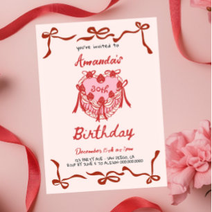 Invitation Gâteau Rétro Rose et Anniversaire Coquette Rouge R