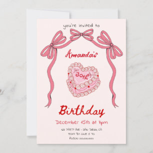 Invitation Gâteau Rétro Rose et Coquette Anniversaire à Ruban