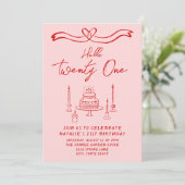 Invitation Gâteau rose à la main Hello Vingt et un Anniversai (Debout devant)