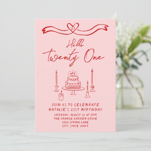 Invitation Gâteau rose à la main Hello Vingt et un Anniversai (Debout devant)