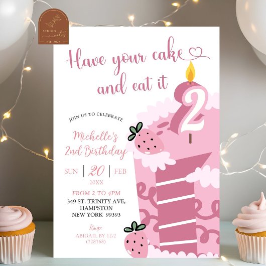 Invitation Gâteau Rose Amusant 2e Anniversaire
