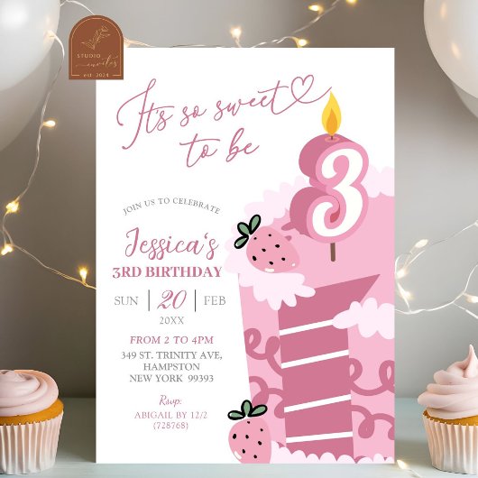Invitation Gâteau Rose Amusant 3ème Anniversaire
