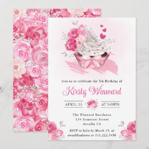 Invitation Gâteau rose aquarelle et fête d'anniversaire avec
