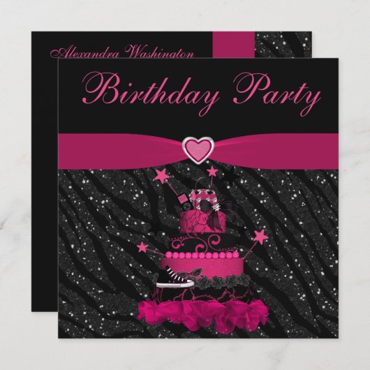 Invitation Gâteau rose branché et fête d'anniversaire Zebra S (Devant / Derrière)
