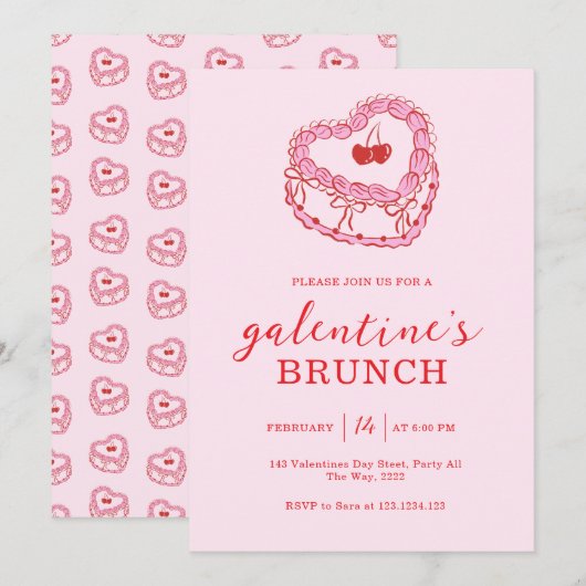 Invitation Gâteau Rose Brunch de la Saint-Valentin entre copi (Devant / Derrière)
