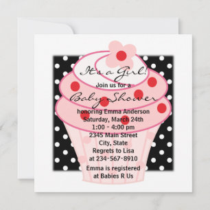 Invitation Gâteau rose cupcake rose points noirs Baby Shower