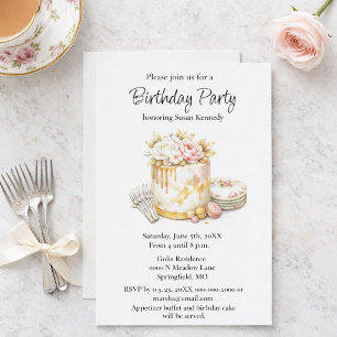 Invitation Gâteau Rose et Or pour un Anniversaire Élégant