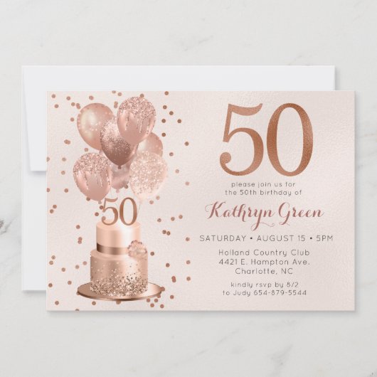 Invitation Gâteau Rose Gold 50e Anniversaire (Devant)