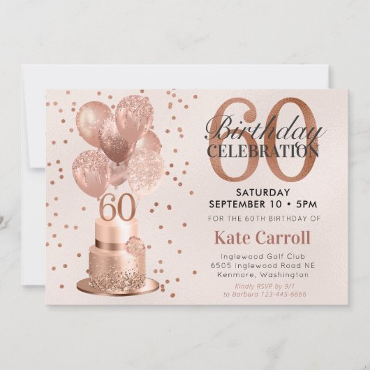 Invitation Gâteau rose gold pour 60e anniversaire (Devant)