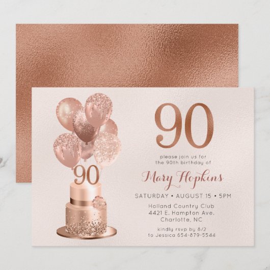 Invitation Gâteau Rose Gold pour 90e Anniversaire (Devant / Derrière)