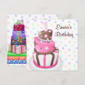 Invitation Gâteau Rose Marron Présente Fête des Filles 1er An (Devant / Derrière)