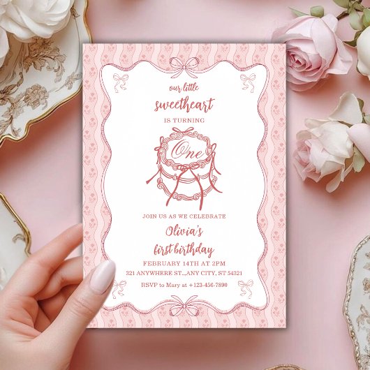 Invitation Gâteau Rose Mignonne Premier Anniversaire