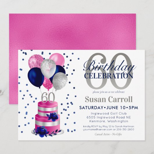 Invitation Gâteau rose pour 60e anniversaire (Devant / Derrière)